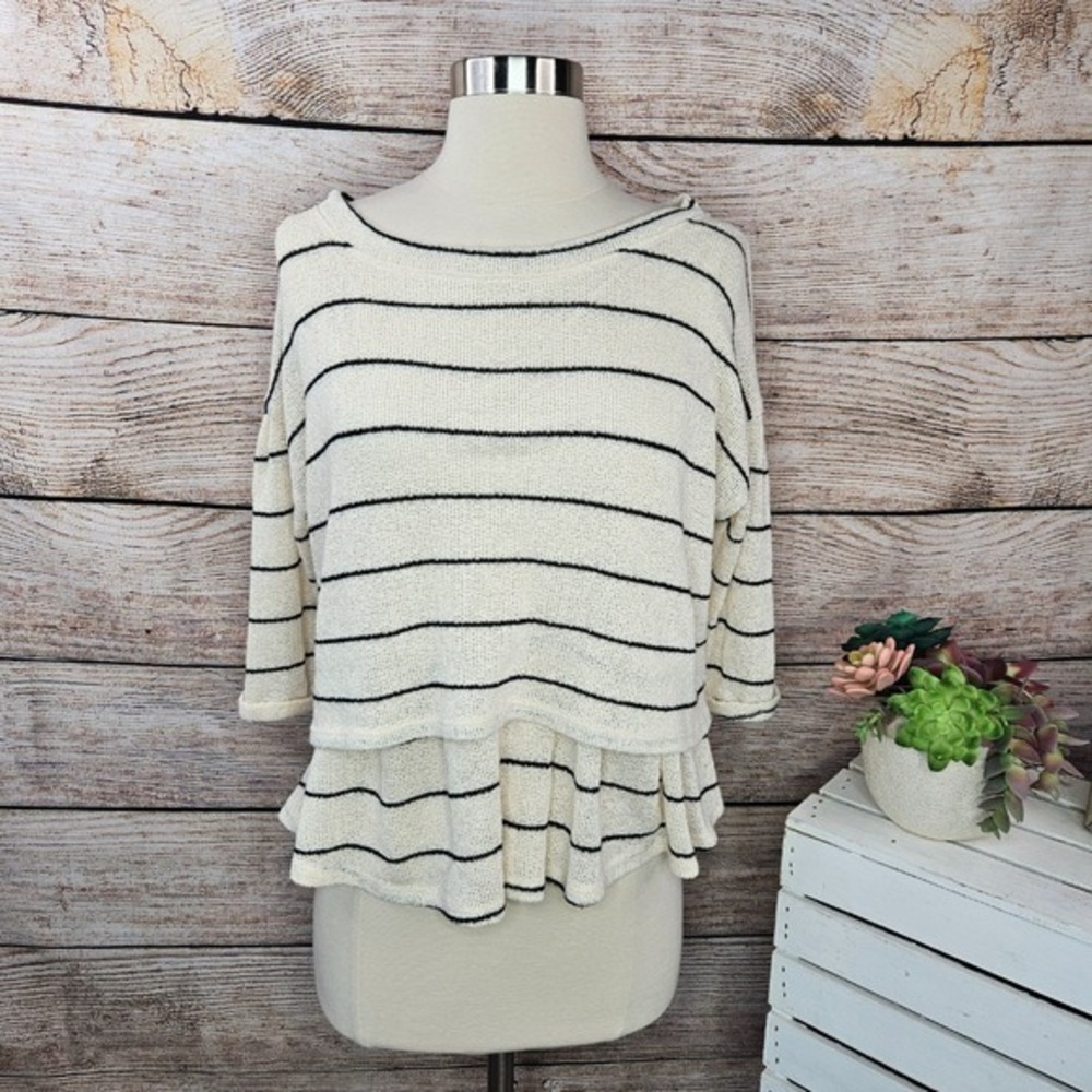 Anthropologie Postmark Latitudes Striped Ruffle Hem Sweater Tie Back Knit Top M